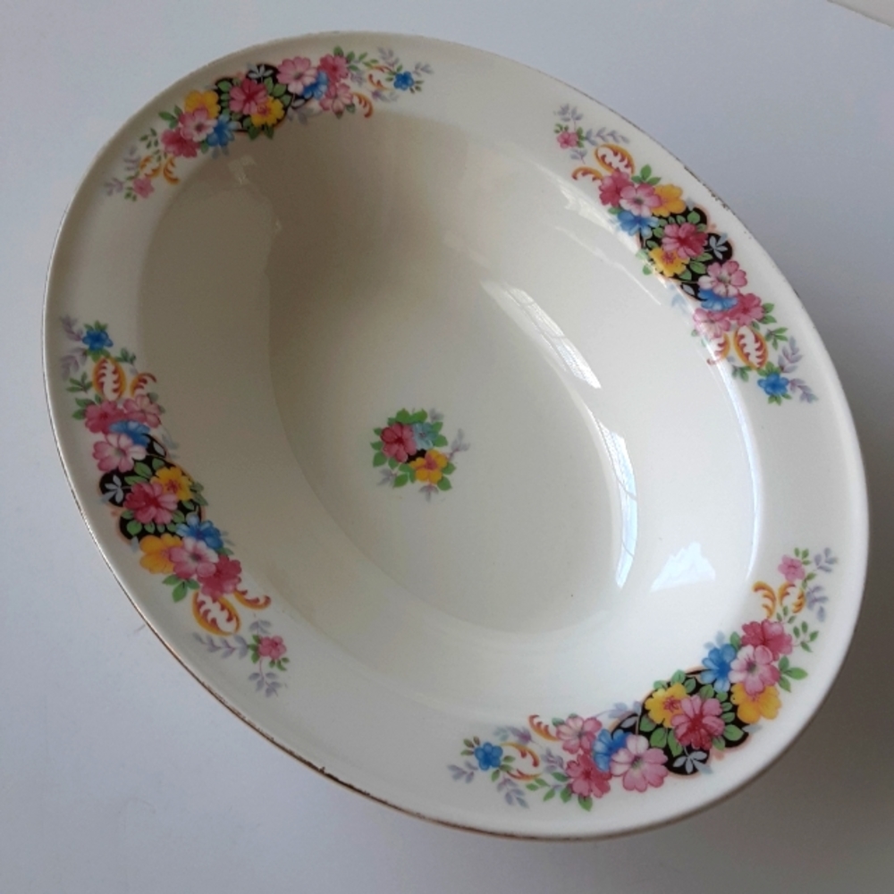 Pink Yellow Floral Serving Bowl Gold Detail 41-6 Semi-Vitreous China Made In USA